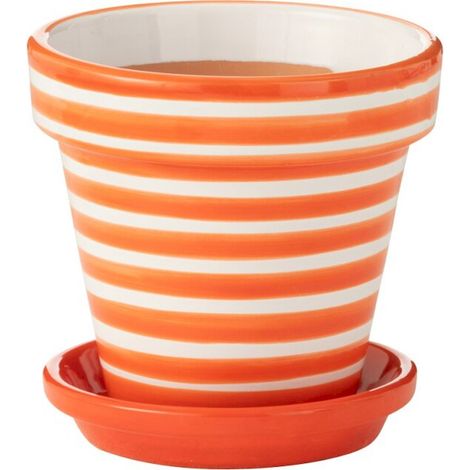 Cache pot rayé en poterie peinte à la main - orange et blanc (1/3)