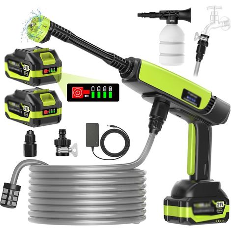 Nettoyeur Haute Pression sans Fil 21V - 1000 PSI Pistolet de Lavage Portable avec 2 Batteries 4.0Ah (Indicateur LED), Buse 6-en-1 pour Voiture, Vélo, Terrasse, Fenêtre et Jardin