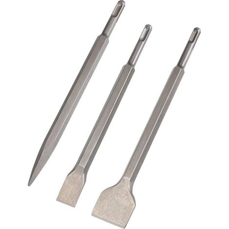 Chisels, set of 3 (large chisel, flat chisel, pointed chisel) for light drills and hammer drills. Suitable for standard concrete block and tile work. (1/5)
