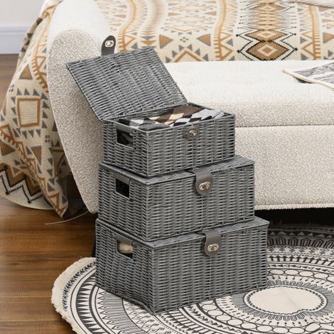 Set di 3 cestini portaoggetti con coperchio e fibbie, 35.5x28.5x18 cm, metallo, grigio (1/5)