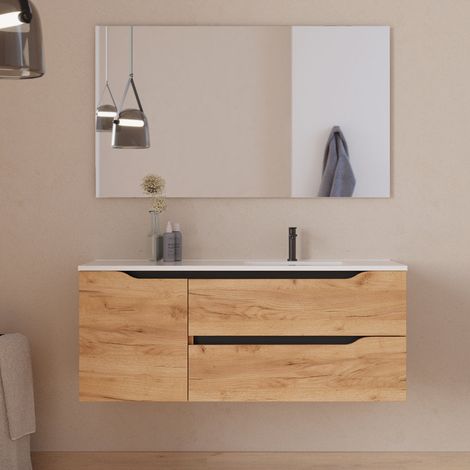 Meuble de salle de bain 120cm avec vasque déportée à droite et miroir - 2 tiroirs et un placard - roble (chêne clair) - ZARZA (1/5)