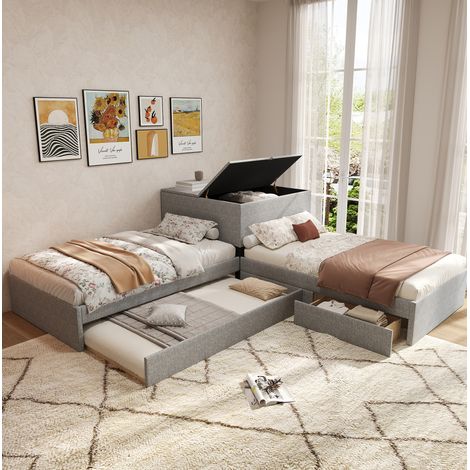 Cama tapizada gris de lino 90x200 cm con cama nido, almacenaje y somier de láminas (1/5)