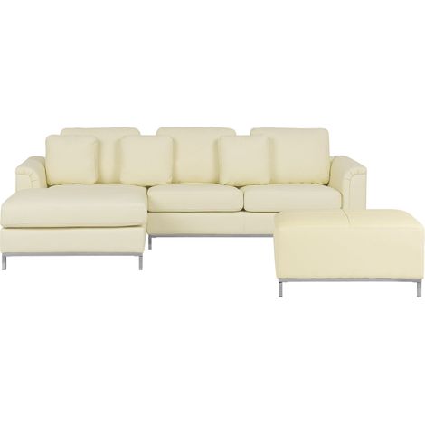 Canapé Angle à Droite en Cuir Véritable Beige et Pouf Ottoman Housses Amovibles Oslo