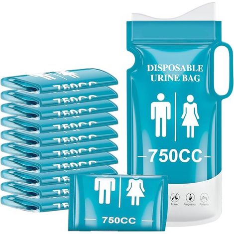 Poche à urine portable pour une utilisation nomade, urinoir d'urgence de 750 ml pour hommes, femmes et enfants, trousse de toilette jetable en polymère superabsorbant, poche à urine portable pour une  (1/5)