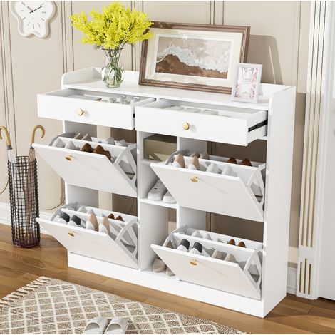 Mueble zapatero blanco 110 x 26 x 100 cm, 4 puertas, 2 cajones, 3 huecos DESVIAE (1/5)