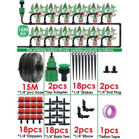 Système d'irrigation goutte à goutte portable de 20 m avec arrosage automatique et goutteurs réglables (15 mètres - 18 goutteurs). Kit d'arrosage par brumisation pour tuyau d'arrosage. (1/4)