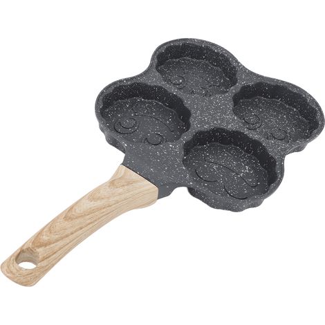 Poêle à œufs en aluminium 4 tasses, antiadhésive, avec manche en bois, facile à nettoyer, compatible avec les plaques à gaz et à induction (version smiley). (1/5)