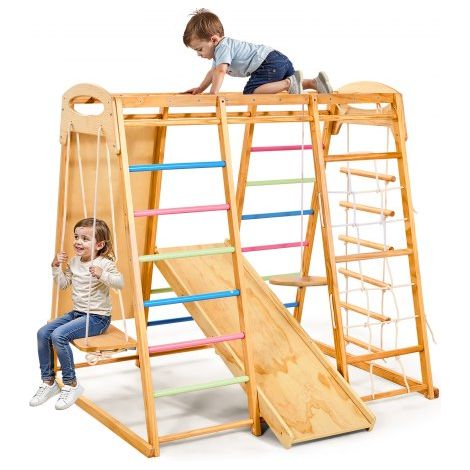 Aire de Jeux Intérieure en Bois 9-en-1, avec Barre de Singe, Balançoires, Toboggan, Échelle en Bois/Corde, Filet, Barre et Planche d’Escalade, Charge 113 kg, Structure de Jeux pour Enfants (1/3)