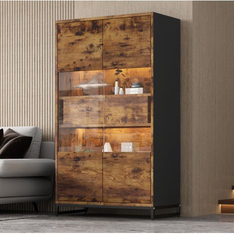 Vitrine LED 80 x 40 x 138 cm avec 2 portes à ouverture par pression, 2 tiroirs, rangement à 6 compartiments, façade acrylique et effet bois, noire et beige CHICFURN (1/5)