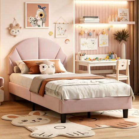 Lit Filles rembourré,lit princesse enfant 90x190 Lit simple,Cadre de lit d'Enfant et d'Ado, tête de lit et réglable en Hauteur,Rose, Velours, MDF, sans matelas