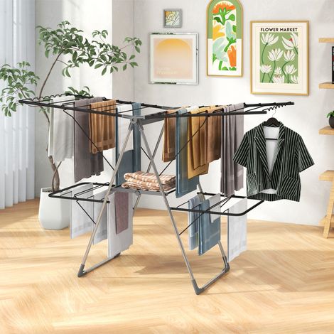 Séchoir à Linge Pliable à 2 Niveaux avec 33 Rails de Séchage Ailes Réglables en Hauteur Pinces à Chaussettes Barres en Forme de Vague (1/2)