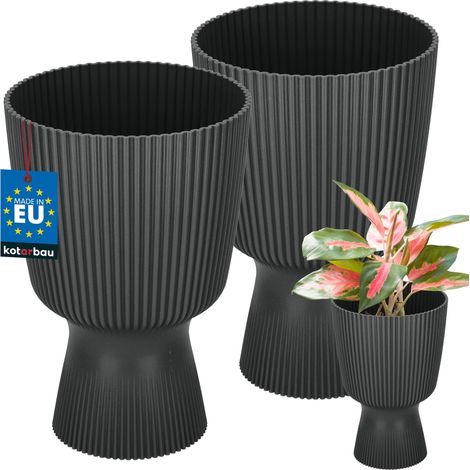 KOTARBAU® Lot de 2 Pot de Fleur  Ø 14 cm - Pot de Fleur Interieur - PVC - Pot de Fleur Exterieur - Pot pour Plante avec Socle - Nervuré - Forme de Coupe - H: 21 cm - Noir (1/4)