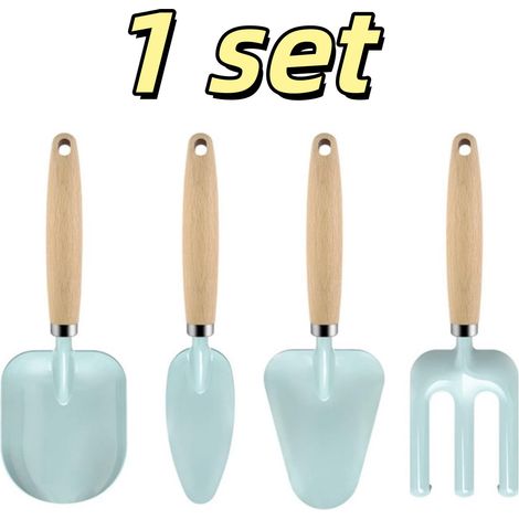 Ensemble d outils de jardin bleu clair avec pelle et râteau manche en bois léger et résistant dimensions de la pelle 7 x 3 x 21 cm pour jardinage familial plantation et entretien des plantes (1/5)