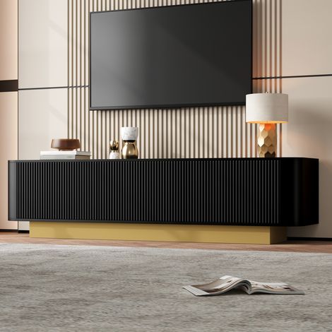 Meuble TV moderne avec espace de rangement, design arrondi avec façade texturée, gestion des câbles, console multimédia pour salon, 170 x 40 x 47 cm, Noir