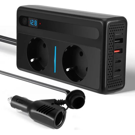 Convertisseur de courant pour voiture 300 W (12 V CC vers 230 V CA) avec 2 prises 12 V et 4 ports USB, compatible charge rapide et doté d'une prise allume-cigare.
