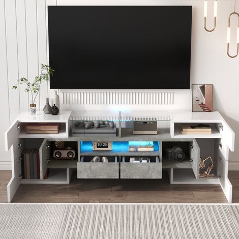 Meuble TV 145x30x 51 cm, Banc TV bas verre pour salon de 50 à 59 pouces, avec 6 portes et 2 tiroirs de, Blanc et béton (1/5)