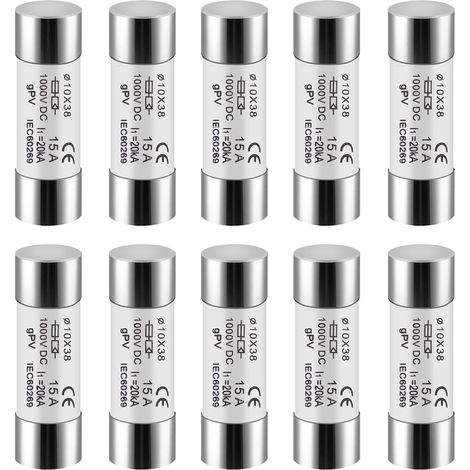 Photovoltaic Fuses, 10pcs 15A Solar Fuses 10X38mm PV Fuse Core for Solar Photovoltaic System Protection DC 1000V (1/5)
