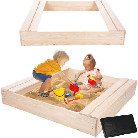 MODO24 Bac à sable en bois de jardin 120x117 cm, avec bancs, agrofibre incluse, naturel brut