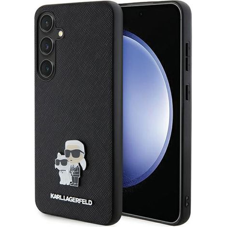 Karl Lagerfeld Saffiano Karl & Choupette Metall-Anstecknadel - Samsung Galaxy S24 Hülle (Schwarz) (1/5)