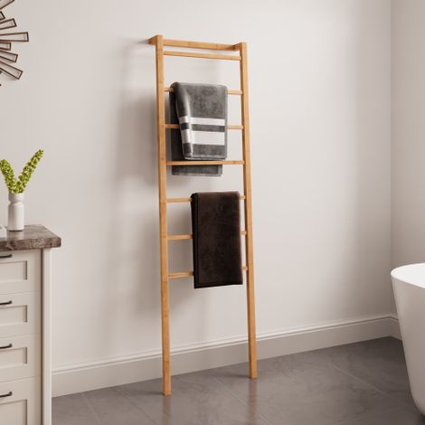 Échelle porte-serviettes bambou naturel, porte-couvertures en bois sur pied pour salle de bain, 50x22.9x172.7 cm