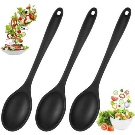 Juego de 3 cucharas de cocina de silicona negra, 27 cm, antiadherentes, resistentes al calor. (1/4)