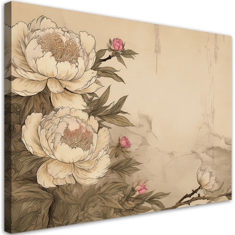 Quadro su tela, Peonie Fiori beige retrà² - 60x40 (1/3)