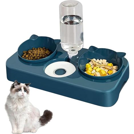 Comedero 3 en 1 para gatos, mascotas, perro con ángulo de 8°, comedero doble para separar comida seca y húmeda, y bebedero automático (azul)