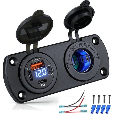 Prise 12V 2-en-1 pour Camping-Car Bateau Voiture, 2X PD 3.0 30W+36W & 1x QC 3.0 18W, avec Voltètre LED Bleu & Interrupteur, IP65 Étanche, Prise Allume-Cigare 150W (1/5)