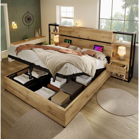FLORAGRACE Cama adulto 180x200 cm en MDF con almacenaje, cabecero con cajones y USB+Type-C, estructura de metal y MDF (1/5)