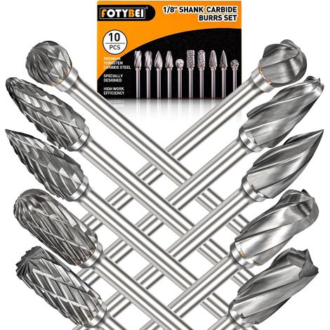 Lot de 10 fraises en carbure compatibles avec l'outil rotatif - 10 pièces - Râpe rotative avec tige de 0,3 cm et tête de meulage de 0,6 cm - Accessoires pour bricolage, travail du bois (1/5)