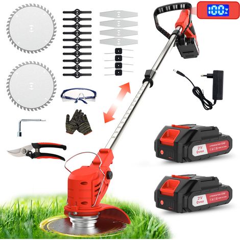 Débroussailleuse Electrique sans Fil 21V, avec 2 pièces Batterie et 4 Types de Lames Débroussailleuse à Gazon sans balais,légères et à Faible Bruit,pour Jardin Élagage,Pelouses et Terres Agricoles
