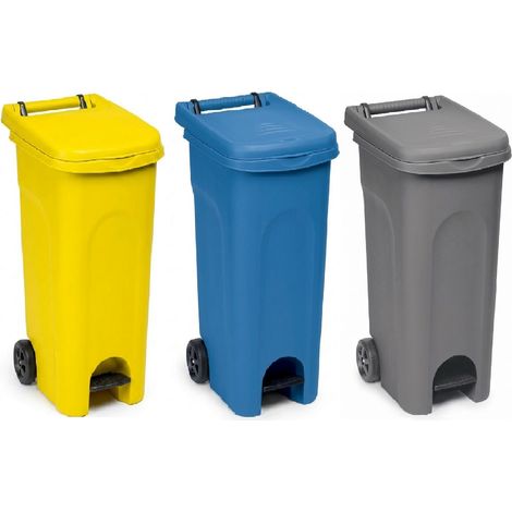 3 Bidoni 80 Litri giallo blu e grigio Carrello con Ruote Pedale coperchio Raccolta spazzatura Differenziata da Esterno Interno Anello Ferma Sacco Contenitore Secchio Rifiuti domestico e professionale (1/5)