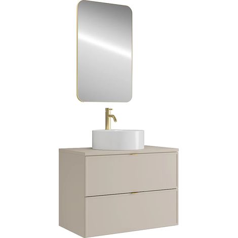 Meuble de salle de bain suspendu avec vasque à poser ronde, robinet et miroir - Beige - 80 cm - ONDIL (1/5)