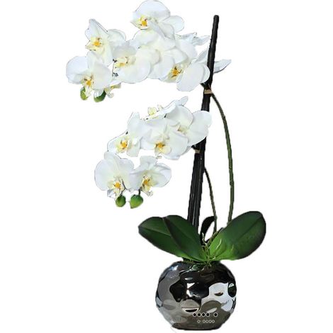 Orchidée factice 2 hampes en boule céramique Argent H50cm Blanc-neige - couleur: Blanc neige (1/2)