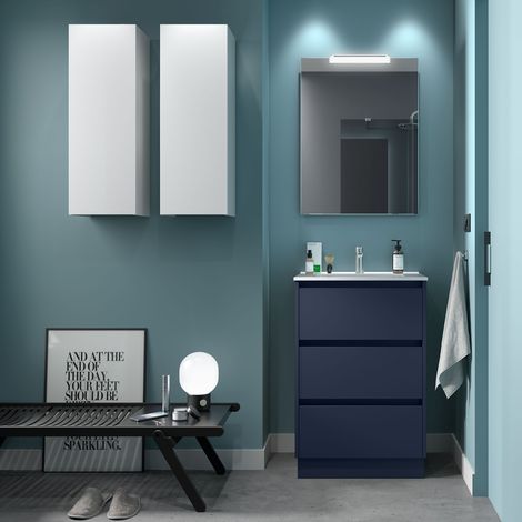 Badezimmermöbel NOJA 600 3 Schubladen BLUE SATIN + Waschtisch