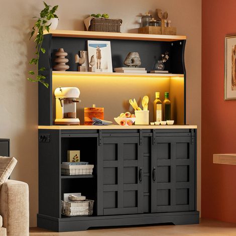 Mueble cocina con vitrina LED y enchufes MDF negro OKMYHOME (1/5)