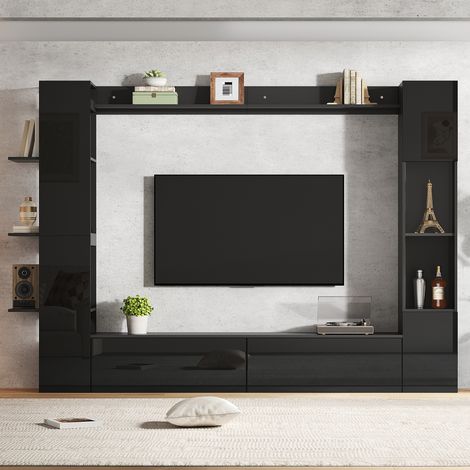 Mueble TV mural con 2 Puertas abatibles, 1 Puerta de acrílico y 4 Nichos, en MDF, Negro, 245 × 30 × 170 cm (1/5)