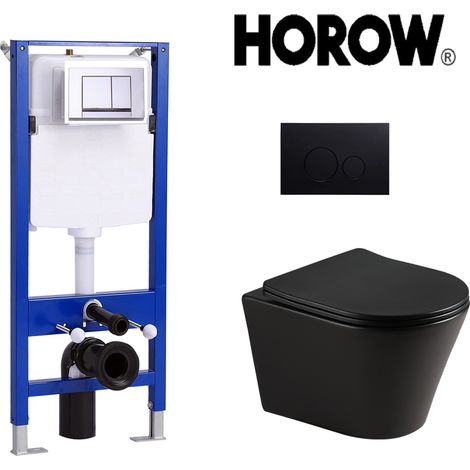 Toilette murale noire sans cadre avec réservoir caché et plaque de poussée chromée noire, ensemble complet WC en céramique noir mat, WC mural, WC avec chasse d'eau rotative (1/5)