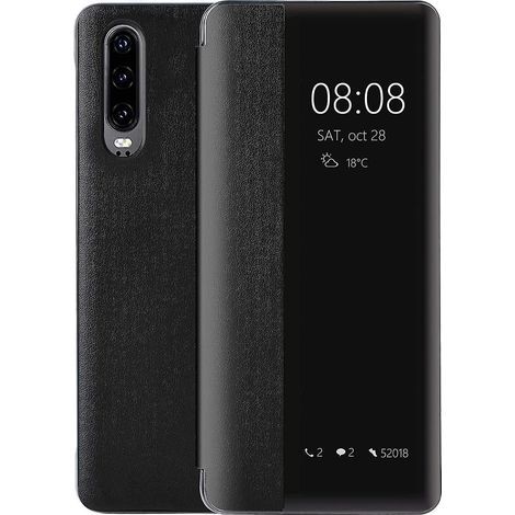 Étui à rabat en cuir Smart View pour Huawei P30 avec mode économie d'énergie et protection intégrale (noir) (1/5)