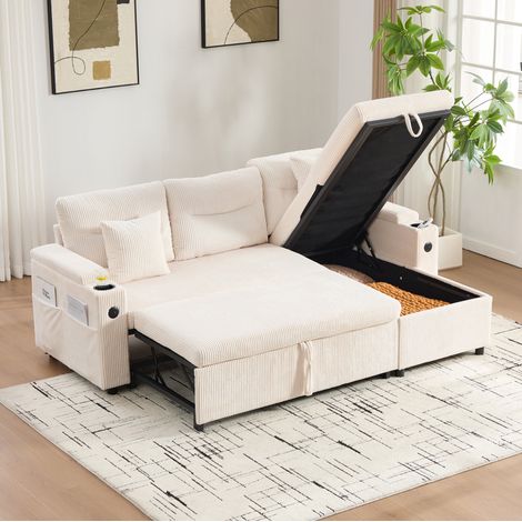 Sofá cama de 3 plazas 212,5x136x86 cm de pana beige con almacenaje – MEUBLIV (1/5)