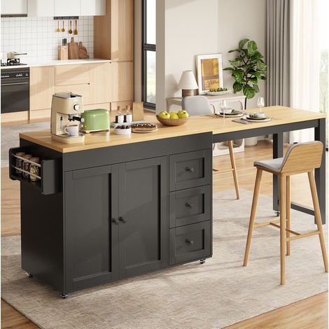 Isola da cucina estensibile con contenitore, 3 cassetti, ripiani laterali e ruote, nera, OKWISH (1/5)