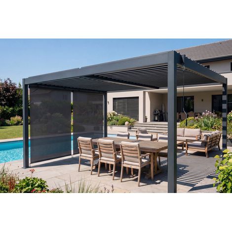 PIANA 4x3m freistehende, bioklimatische Pergola aus grauem Aluminium mit einziehbaren Jalousien an der 3m Seite