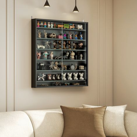 Wandvitrine mit 6 verstellbaren Einlegeböden, Sammlervitrine, Wandvitrine für Sammlerstücke, aus Glas und Spanplatte, 80 x 9,5 x 83 cm, Schwarz