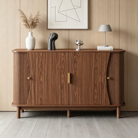 Buffet bas de salle à manger bois 140x40x88cm avec 2 portes coulissantes cannelées,étagère réglable et angles arrondis,MDF effet noyer (1/5)