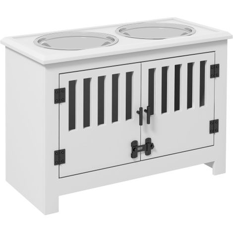 Stazione di alimentazione rialzata con ciotole in acciaio inox da 2 litri, vano portaoggetti, doppie porte con serratura e sponde di protezione adatte a cani di taglia extra-large colore bianco dispon (1/5)