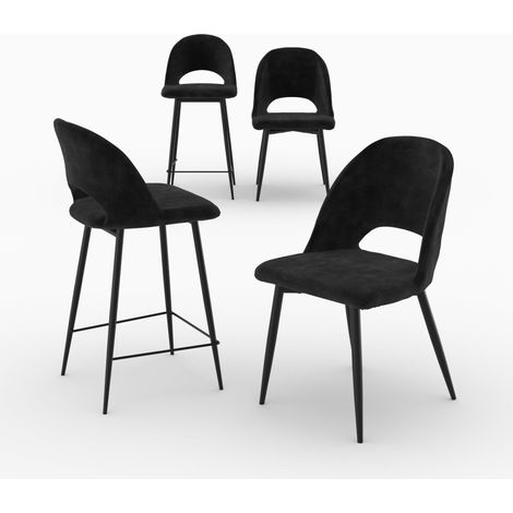 Pack 2 chaises et 2 chaises de bar 65 cm en velours noir - Pénélope (1/5)