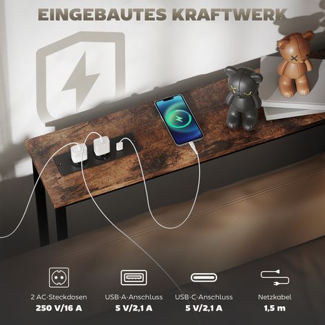 Meuble console étroite avec station de charge intégrée, design industriel, cadre en acier, teinte marron (1/4)