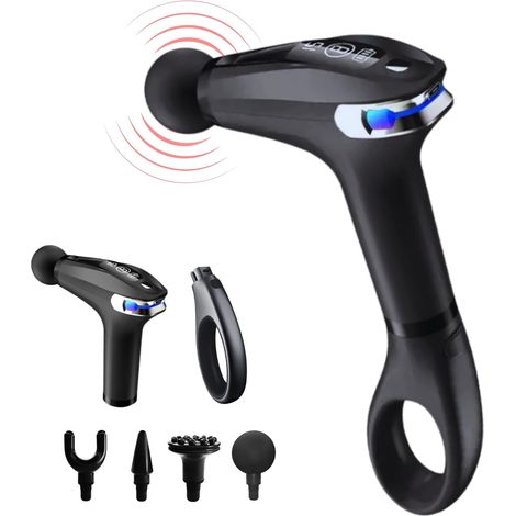Pistolet de massage musculaire à percussion avec manche extensible pour une utilisation sur tout le corps, masseur des tissus profonds pour le cou et le dos, 9 modes et 4 têtes.
