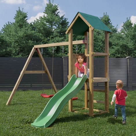 Fungoo Spielturm "Lucas", natur, mit Doppelschaukel, Rutsche und Holzdach (1/5)