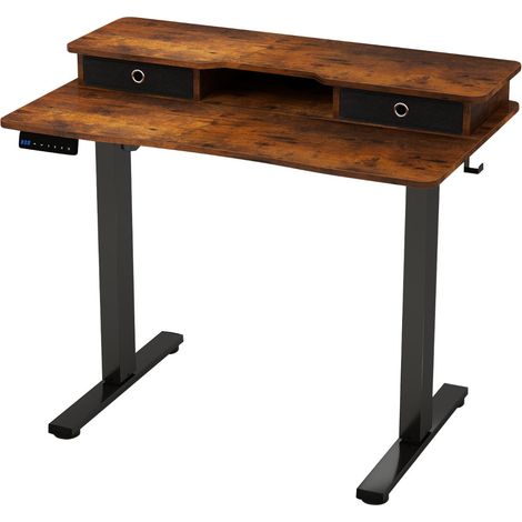 Bureau assis-debout électrique réglable 100 x 60 x 73-122 cm avec tiroirs ergonomique et gestion des câbles style rustique en bois d'ingénierie noir